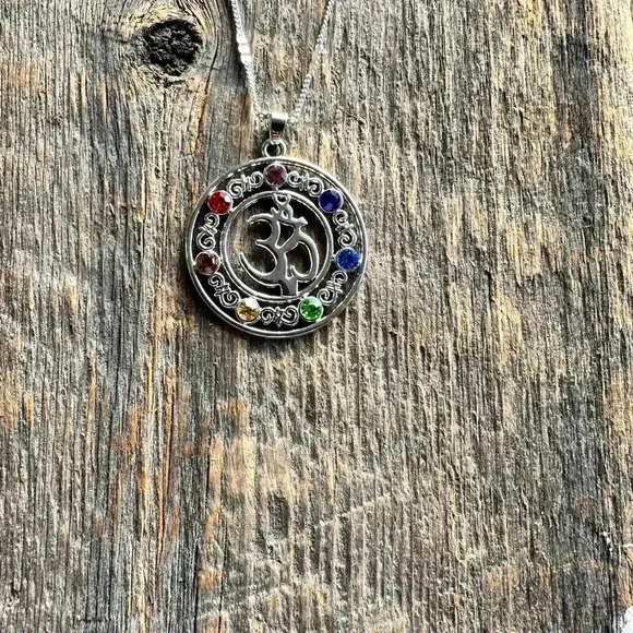 925 sterling silver chain,multi color stone pendant yoga Aum mediation - Picture 7 of 16